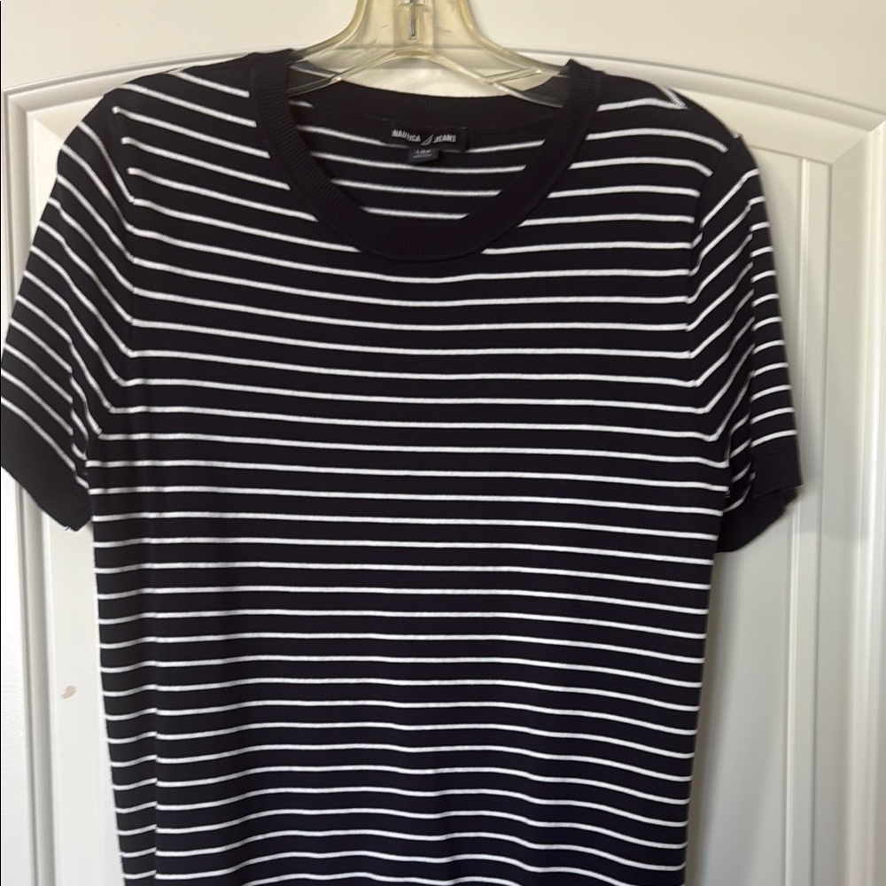 Nautica Navy and White Striped Short Sleeve Tee